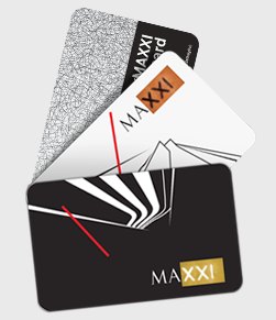 The myMAXXI cards, black and white, fanned out.